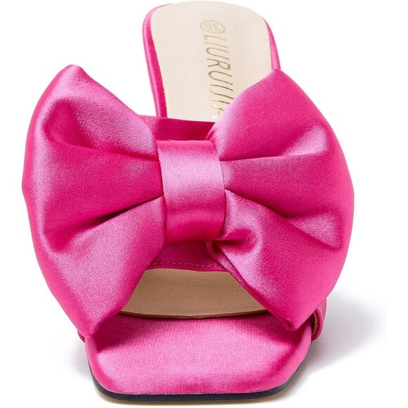 Women\'s Bow High Heels Mules Dress Sandals Slip On Party Wedding Bridal Hot  Pink